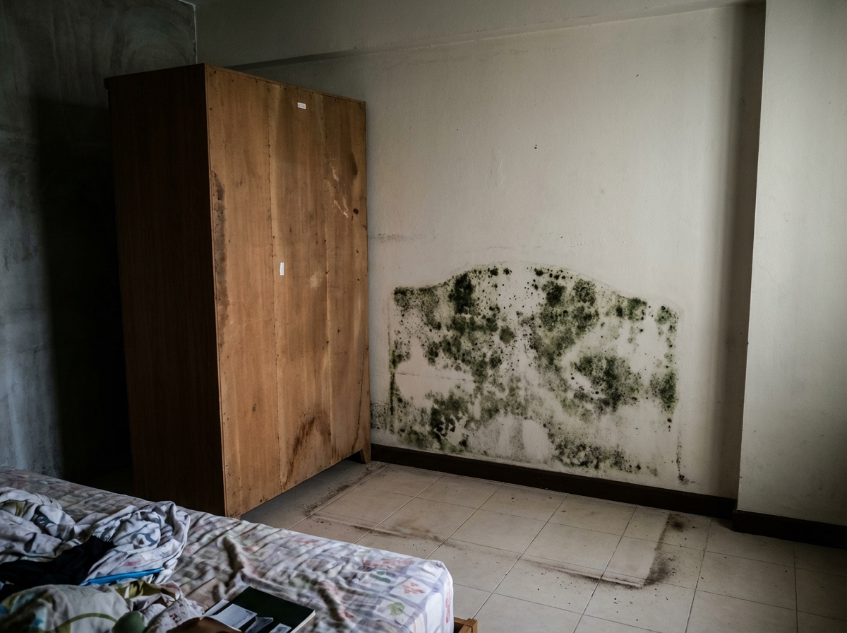Mold colony growing behind bedroom furniture where moisture and poor ventilation create ideal conditions