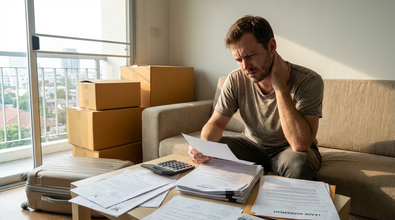 Expat reviewing rental contract and paperwork with concerned expression, illustrating deposit documentation challenges