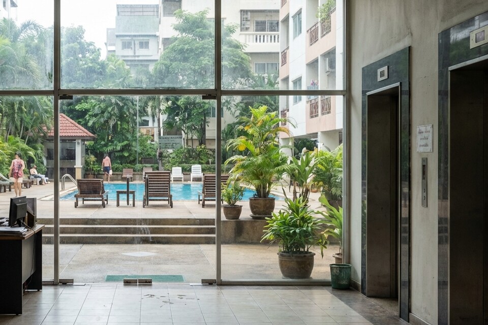 Bangkok condo elevator bank beside common areas